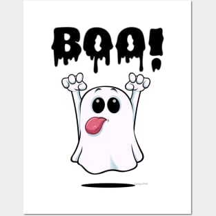 Adorable Ghost with a Playful 'BOO': Halloween Cuteness Unleashed Posters and Art